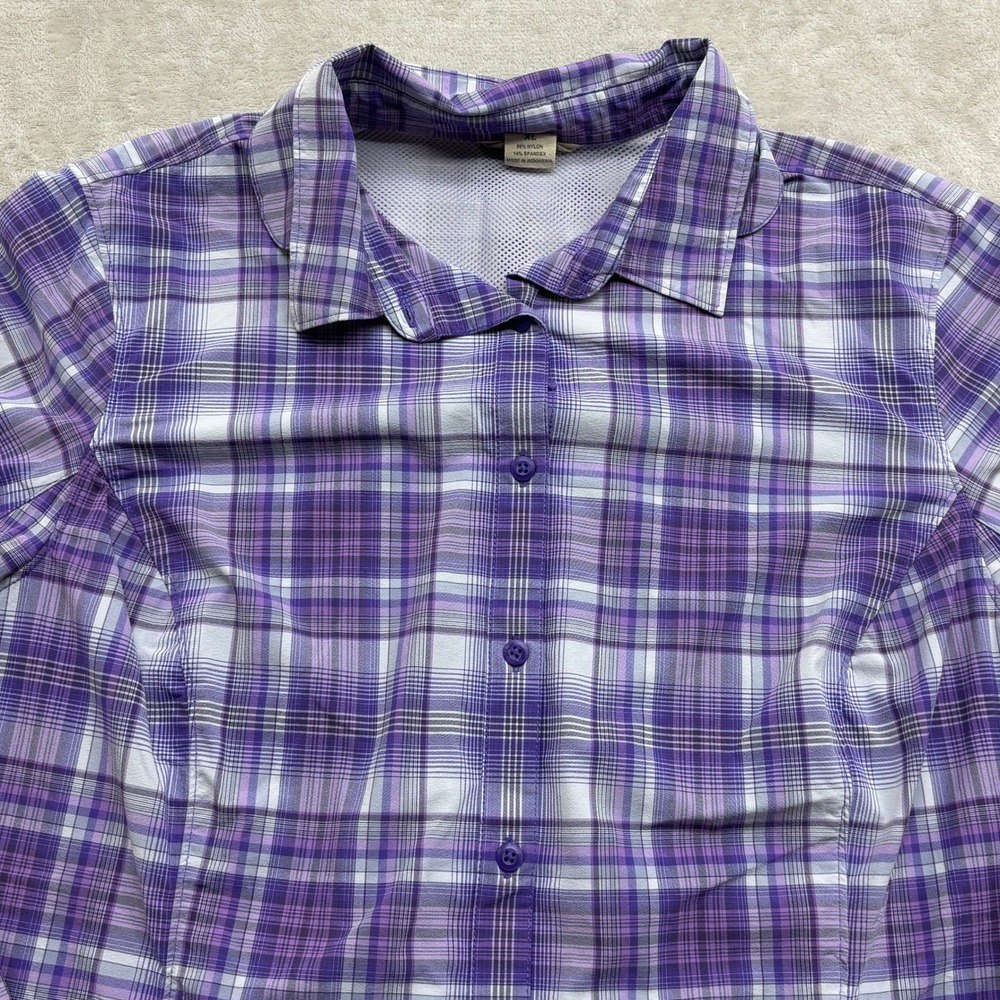Duluth Trading Co Button Up Shirt Women XL Purple Plaid Short Sleeve Vented Back - Picture 2 of 9